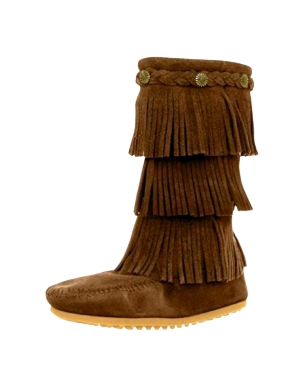 NEW! MINNETONKA Kids Big Girls Brown Leather Suede Tiered Fringe Boots 7.